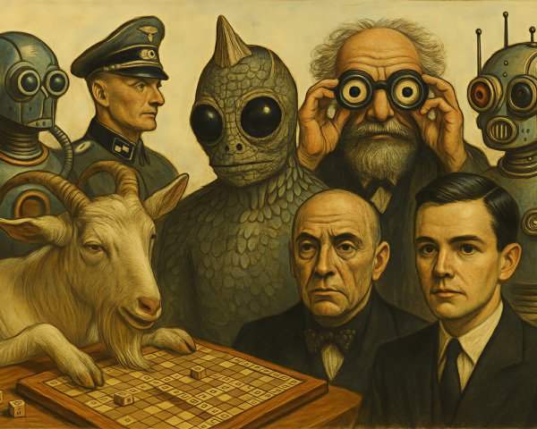 Surreal Gathering of Characters in Mysterious Setting