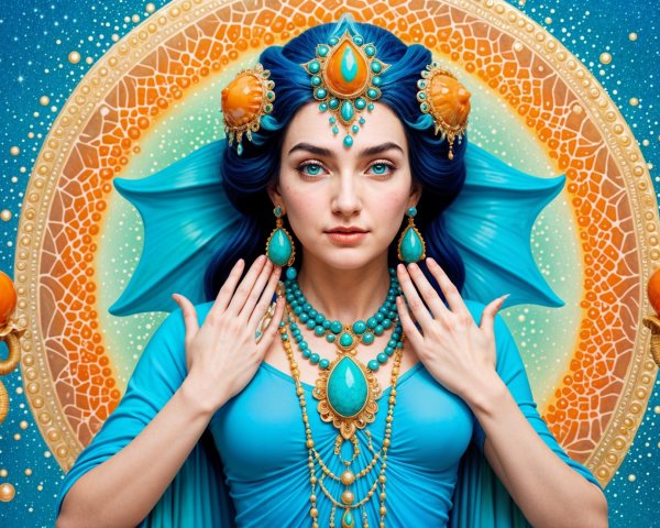 Woman with Blue Hair in Turquoise Attire and Jewelry