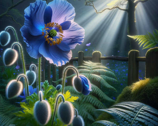 Vibrant Blue Flower in Lush Green Forest Setting