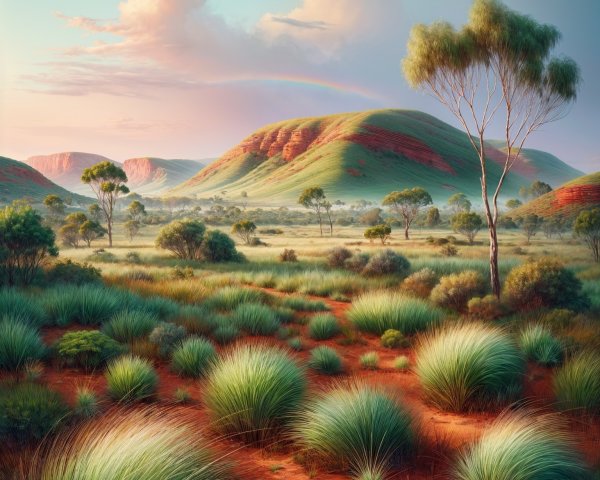 Serene Landscape with Rolling Hills and Rainbow
