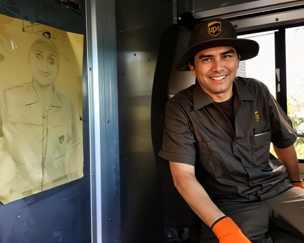 UPS Delivery Driver in Truck with Personal Touches