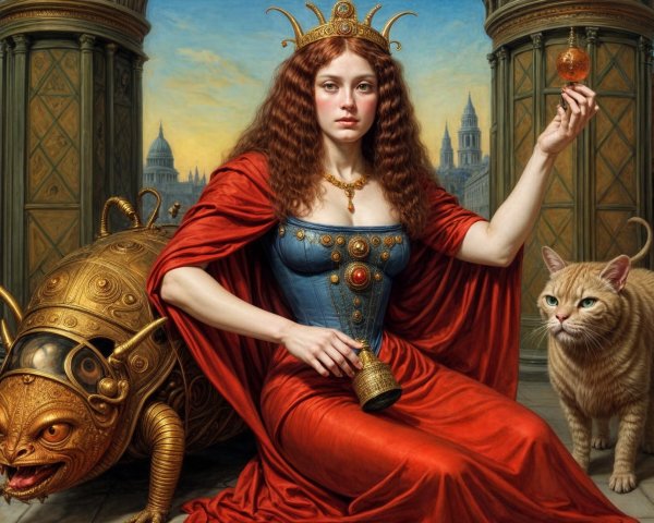 Regal Woman in Blue Bodice with Insect Creature and Cat