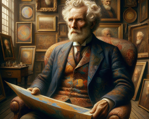 Elderly Gentleman Analyzing Map in Ornate Armchair