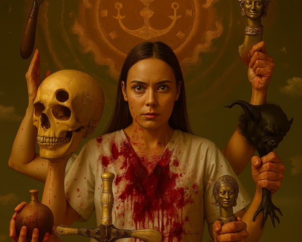 Woman in Dark Atmosphere with Eerie Objects and Symbols