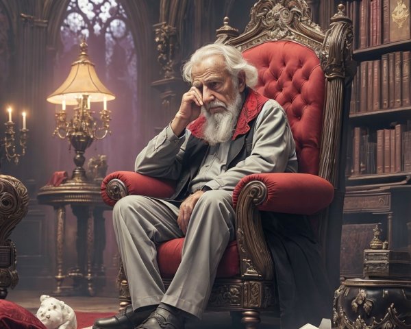 Elderly Man in Library with Cat and Gothic Elements