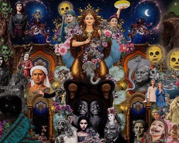 Vibrant Collage of Mythology and Cultural Elements