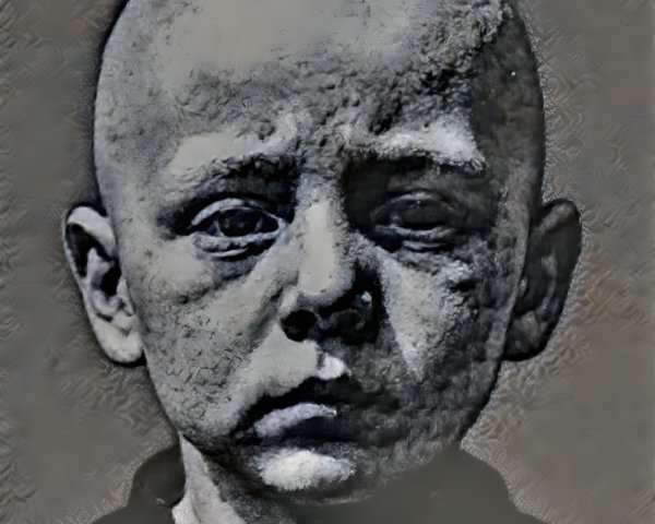 Close-up of a young boy with a shaved head and expression