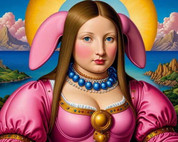 Woman in Pink Dress with Bunny Ears in Fantasy Landscape
