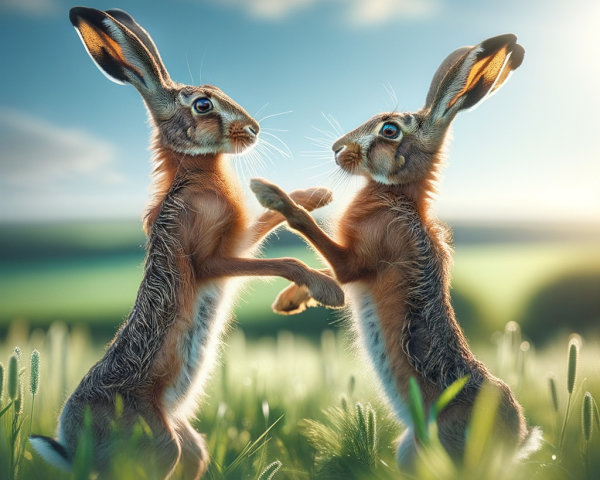 Playful Rabbits in Sunlit Meadow Duel Scene