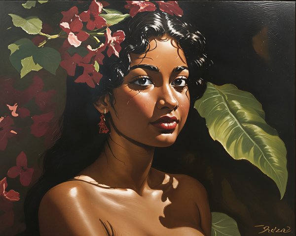 Portrait of a Woman with Dark Hair and Pink Flowers