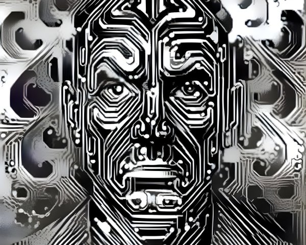 Stylized Black-and-White Portrait of a Man with Circuitry