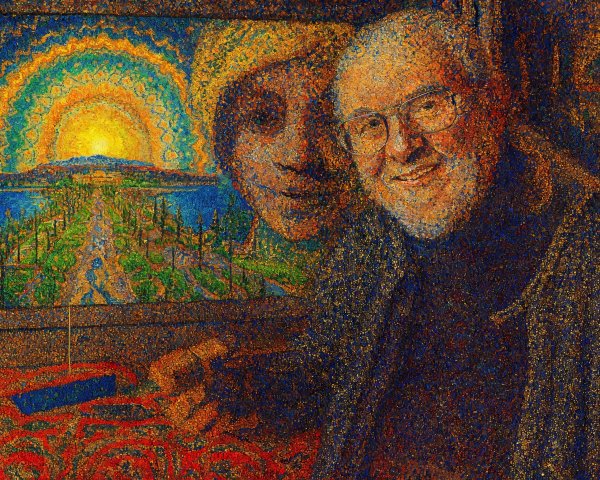 Colorful Landscape Painting with Artist and Warm Smile