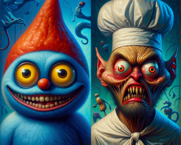 Contrasting Characters: Whimsical Creature and Sinister Chef