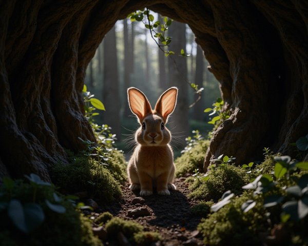 Rabbit at Forest Hollow Entrance with Sunlight and Moss