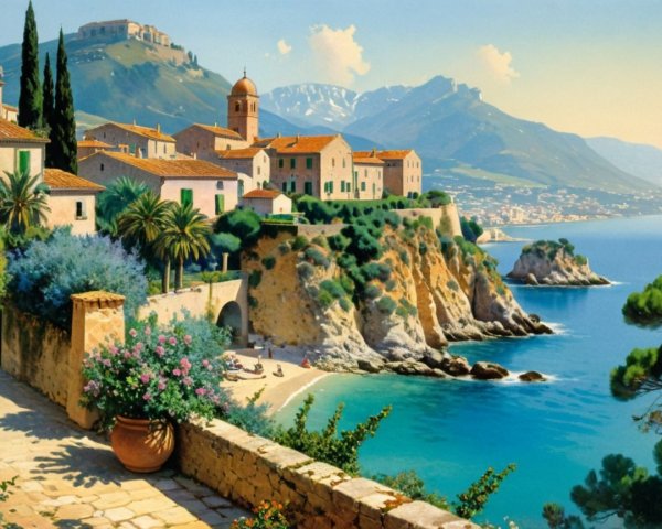 Mediterranean Town on Cliff Overlooking Blue Bay