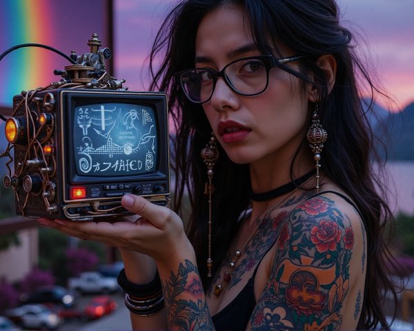 Young woman with steampunk TV and vibrant sunset