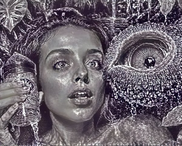 Monochromatic Artwork of a Young Woman with Nature Elements