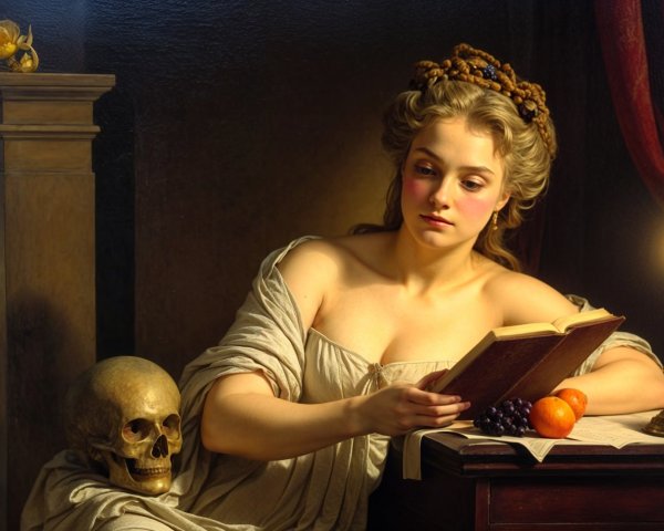 Young Woman in Classical Attire with Skull and Book