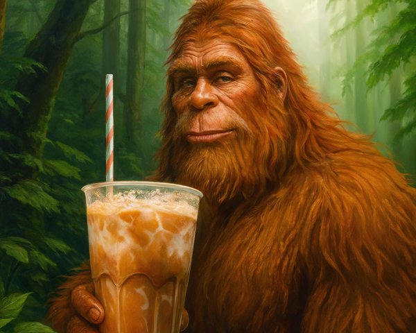 Sasquatch Enjoys Iced Coffee in a Lush Forest