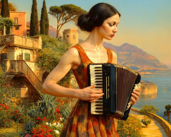 Young woman playing accordion near coastal village scene