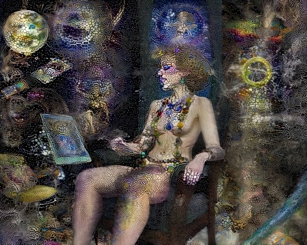 Contemplative Figure in Cosmic-Themed Setting