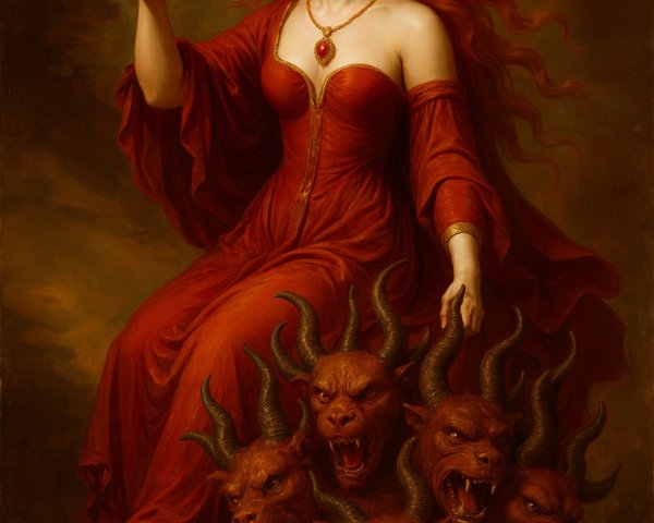 Artwork of a woman in a red gown with a multi-headed creature