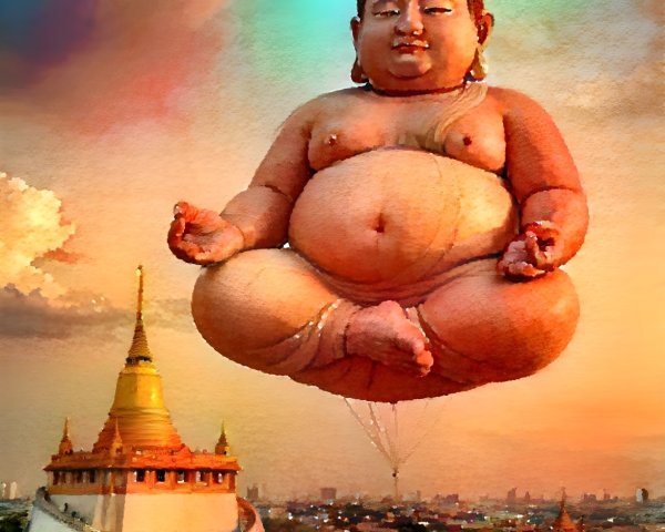 Buddha Figure in Serene Sky Over Picturesque Landscape