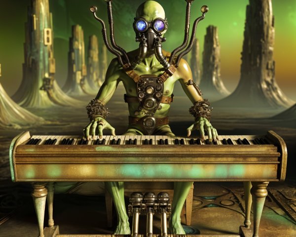 Futuristic Alien Figure at Vintage Piano in Surreal Setting