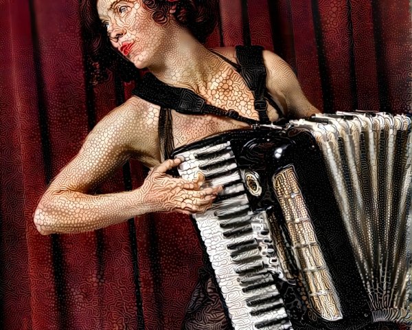 Woman Playing Accordion with Red Floral Hair Accessory
