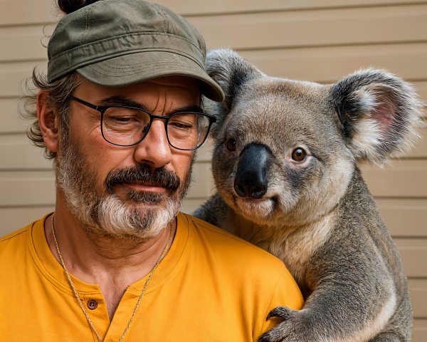 Middle-aged man with koala on shoulder in soft setting