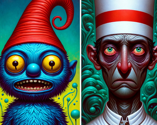 Whimsical Blue Creature and Stern Man in Contrast