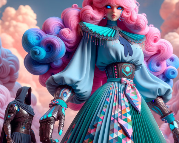 Vibrant Figure with Futuristic Fashion in Clouds
