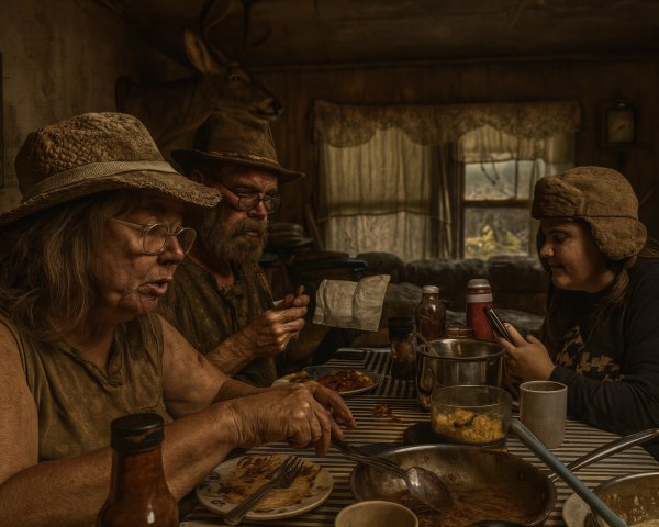 Rustic Room with Three Individuals Sharing a Meal