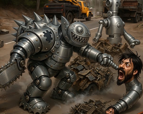 Surreal Scene of Robots and Detached Human Head