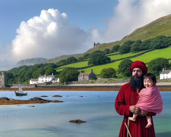 Coastal Scene with Man, Child, and Scenic Landscape