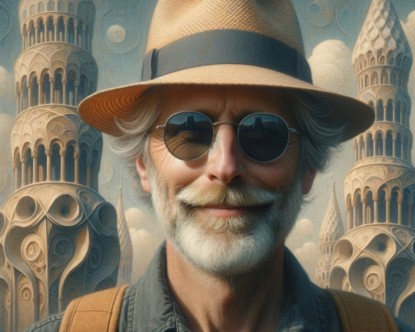 Elderly man in straw hat with surreal towers background