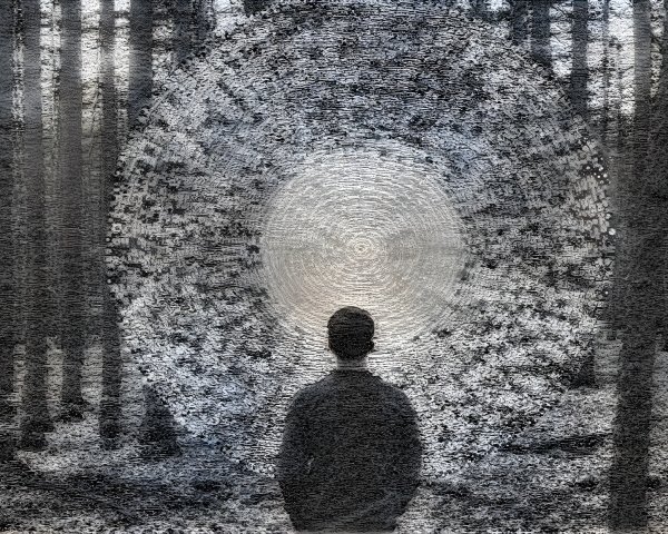 Figure in Forest Facing Circular Light Portal