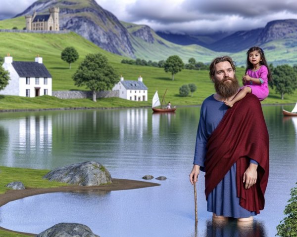 Man in Robe with Girl in Serene Landscape by Water