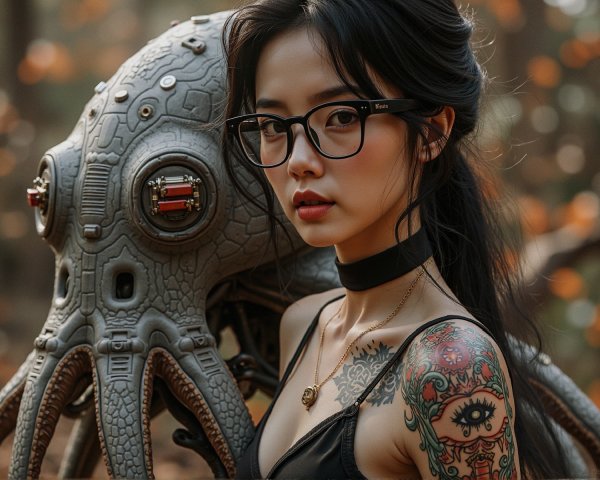 Surreal Forest Scene with Woman and Tentacled Creature