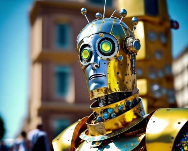 Golden humanoid robot with green eyes in cityscape