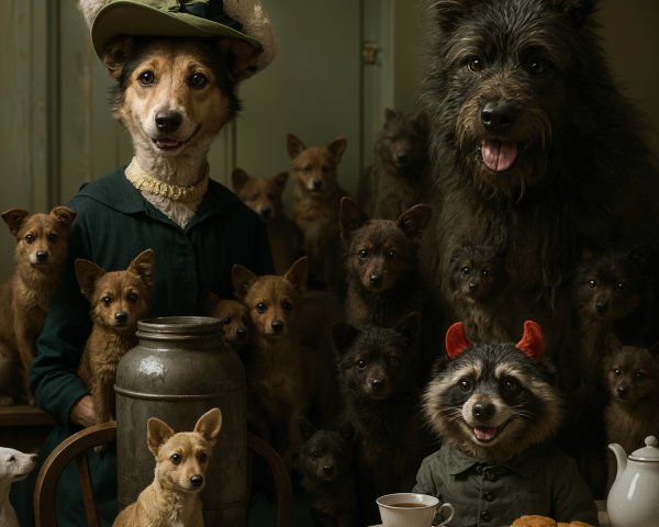 Whimsical Gathering of Woman and Dogs with Tea