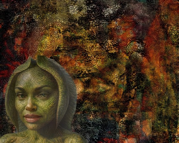 Woman with Green Reptilian Skin and Abstract Background