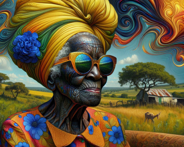 Elderly Woman in Vibrant Attire Against Psychedelic Sky