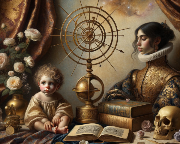 Contemplative Woman in Ornate Gown with Child and Astrolabe