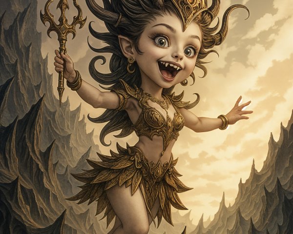 Whimsical Figure in Golden Armor on Rocky Landscape