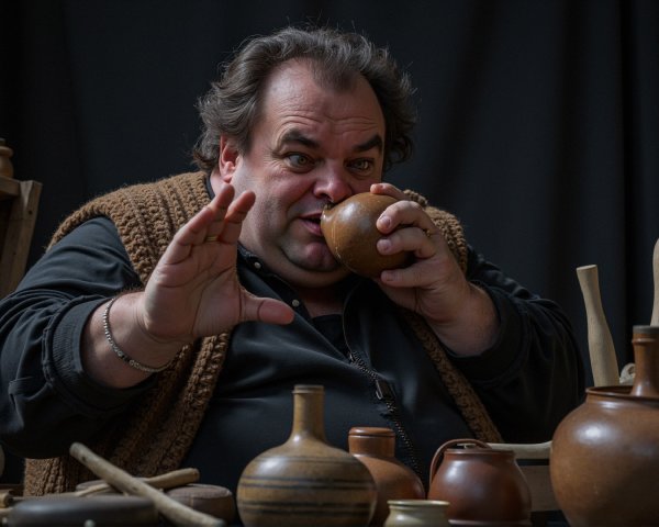 Man Playing Pottery Instrument Among Rustic Artifacts