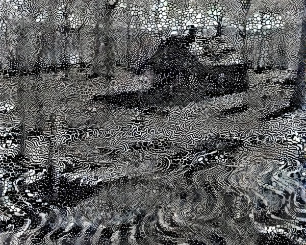 Monochrome Landscape with Cabin and Abstract Trees
