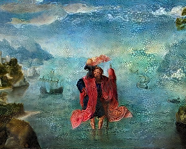 Serene landscape with figure in red by water and cliffs