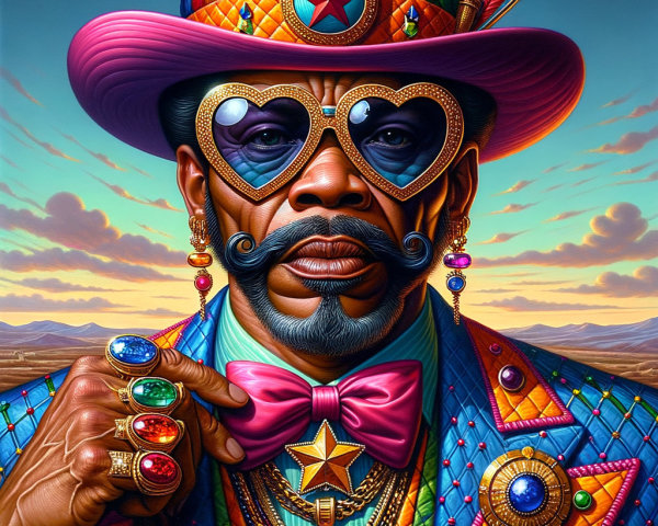 Flamboyant Figure in Vibrant Suit with Decorative Hat