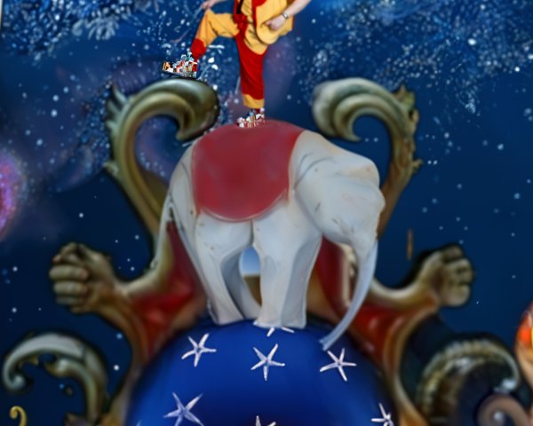 Whimsical Circus Scene with Clown and Elephant Balancing